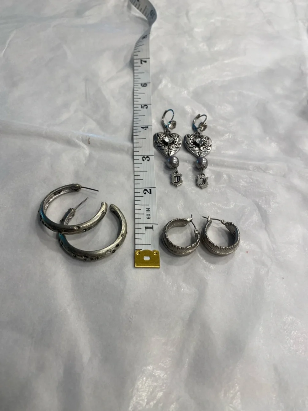 Silver Earring Bundle 3 Pair Set | Heart Dangle + Textured Hoops | Vintage Style - Picture 6 of 10